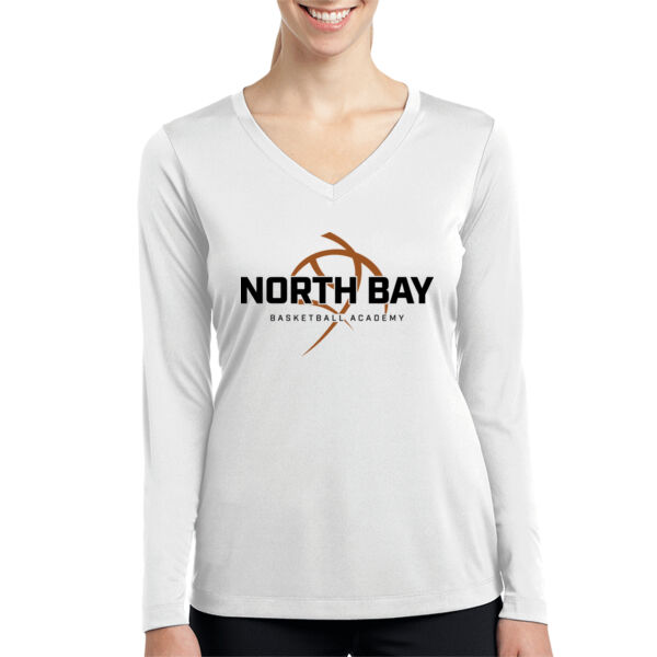 NBBA - Ladies White Long Sleeve PosiCharge Competitor V Neck Tee Thumbnail